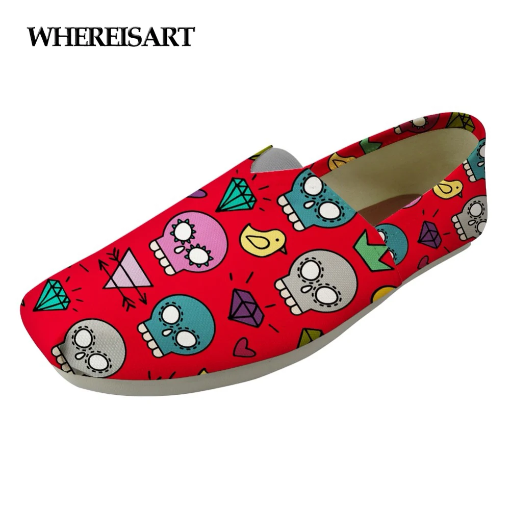

WHEREISART Punk Skull Style Woman Flats Shoes Cute Lady Casual Canvas Shoes for Female Slip-on Breathable Women's Lazy Shoes