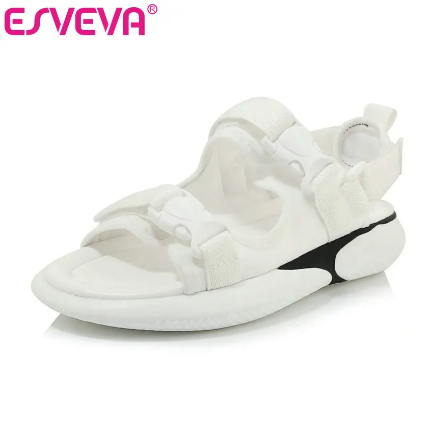 

ESVEVA 2019 Women Sandals Wedge Med Heel Round Toe PU Leather Hook&Loop Slingback Soft Leisure Fashion Ladies Shoes Size 34-43