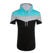 2019 brand clothing three-color stitching men's T-shirt men's luxury T-shirt fitness casual sports men's hooded T-shirt tops sky blue self tied design color stitching t shirt