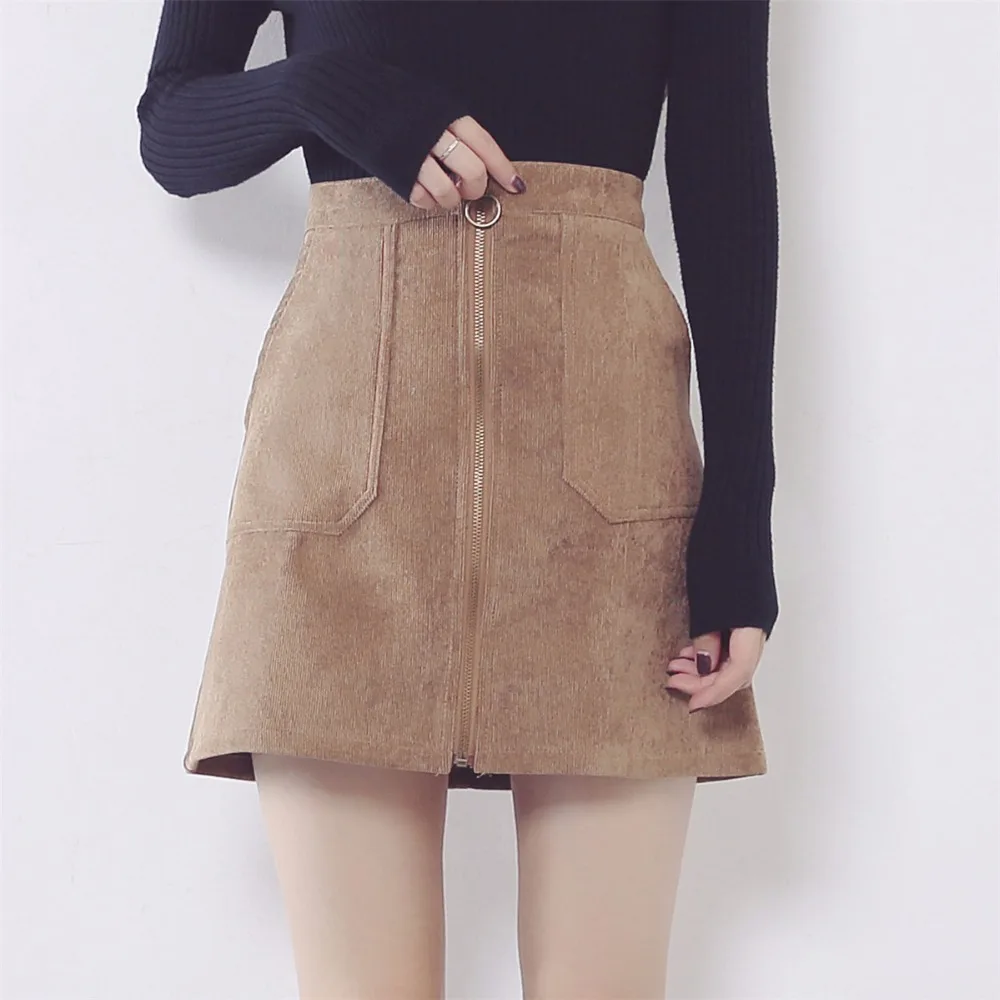 2018 осень-зима вельветовые юбки женские Высокая Талия карманы на молнии юбка плюс Размеры высокого качества мини-юбка faldas saias