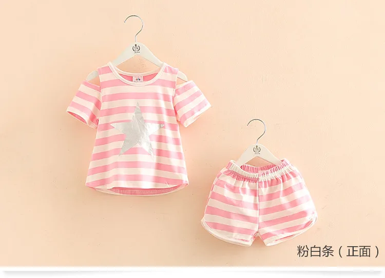 Girls Clothing Set 2018 Summer 2-10 Years Old Kids Girl Star Strip Print Wrap Shoulder T Shirt+Shorts Sports 2 Pcs Tracksuit Set (8)