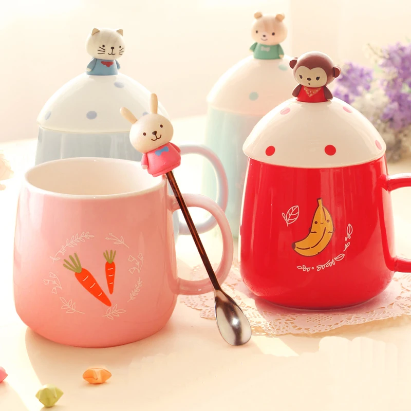 

350ML Creative Cartoon Cute Water Mug Ceramic Mug with Lid Spoon Creative Couple Breakfast Milk Cereal Coffee Cup Free Shipping