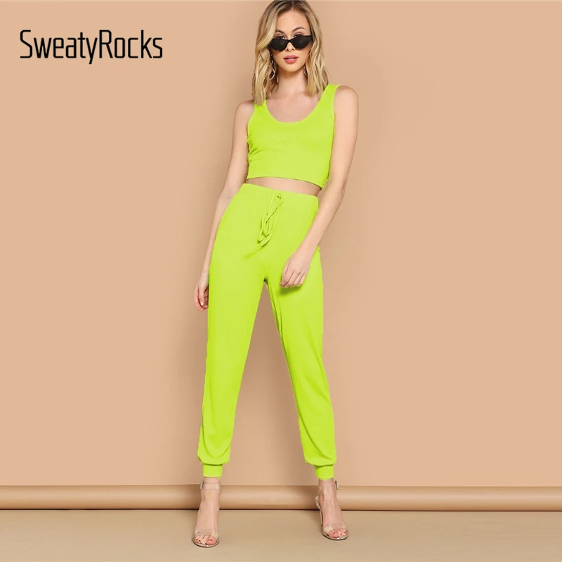 

SweatyRocks Neon Green Crop Top And Drawstring Waist Tapered Pants Set Women Activewear Tanks And Sweatpant Casual Two Piece Set