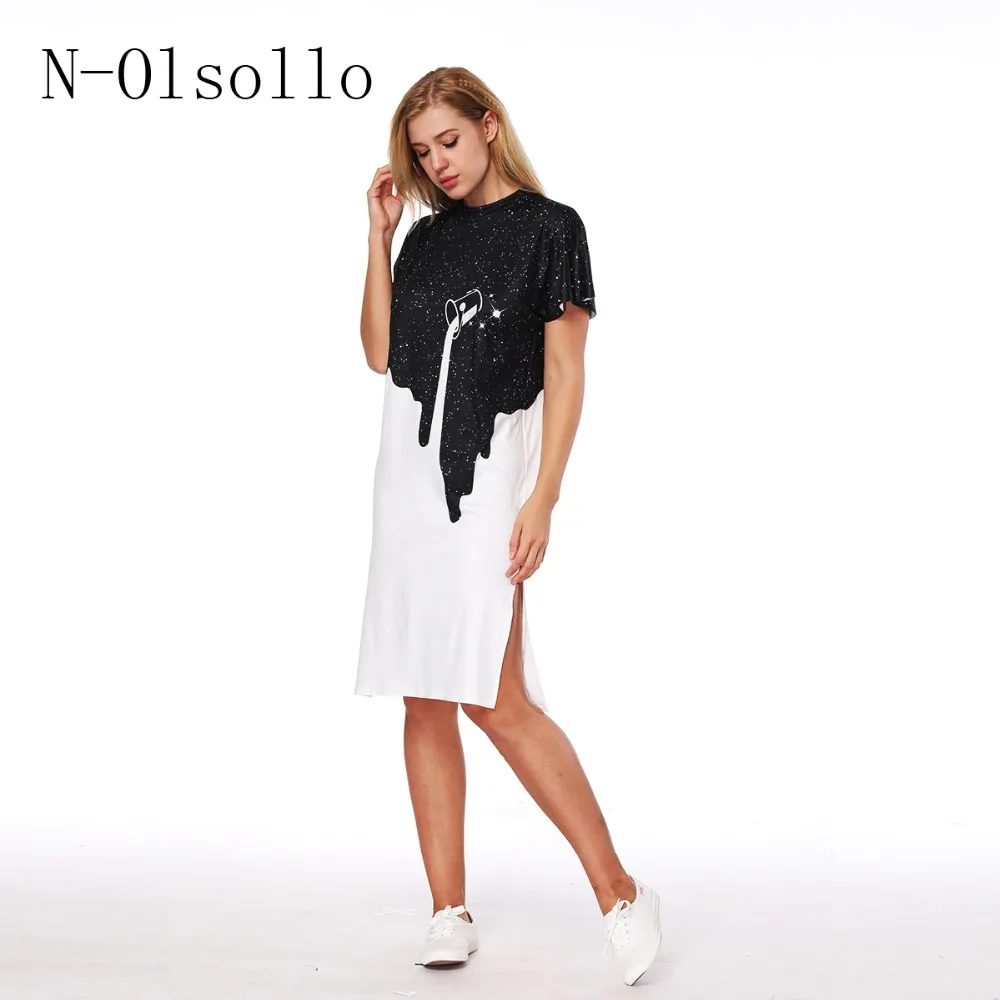 

N-olsollo Galaxy Space 3D Milk Sexy Dress Vintage Black White Dress Slit 2018 New Summer Dress Batwing Sleeve S-XL O-neck Dress
