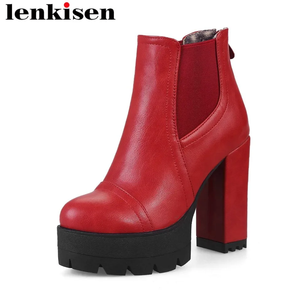 

Lenkisen hot girls nightclub pu thick super high heels zip solid round toe platform beauty lady leisure women ankle boots L9f9