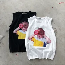 Мужской жилет Летний тонкий напечатанный рисунок хлопок Круглый вырез без рукавов модная свободная повседневная одежда для молодых мужчин