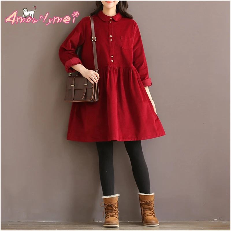 

high quality vintage corduroy long sleeve peter pan collar mori girl wine red dress autumn winter women dress vestidos femininos