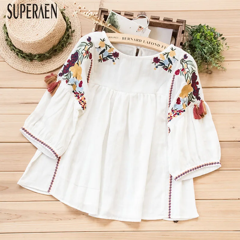  SuperAen Embroidered Round Neck Fashion Shirt Female New 2019 Summer Cotton Blouses and Tops Female