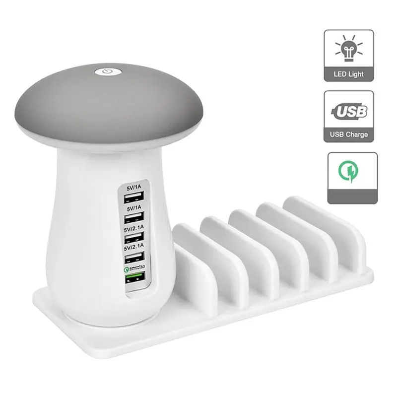 

Mushroom Shape LED Desk Night Light With Quick Charge 3.0 USB Charger 5 Port Table Lamp