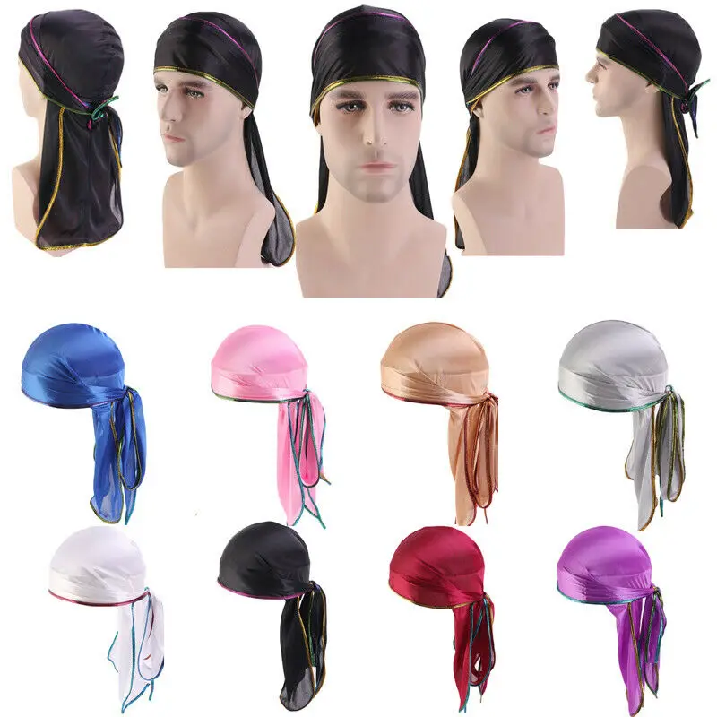 Мужская атласная Шапка тюрбан Durags шелковая шапка шарф с длинным хвостом