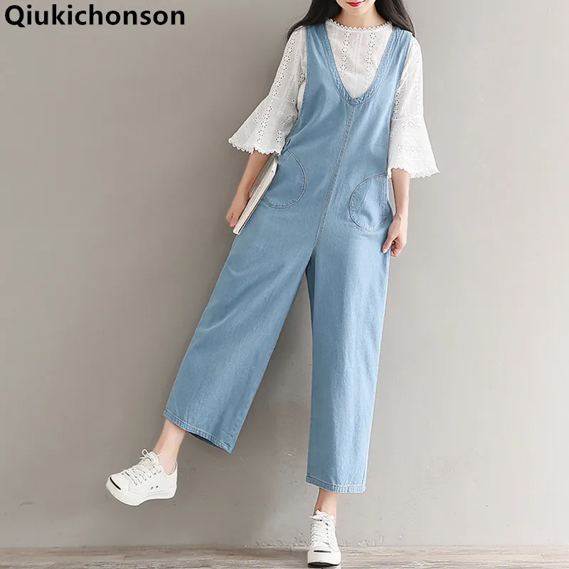 

Casual Denim Overalls Women Fresh Mori Girl Jeans Jumpsuits Harem Rompers V-Neck Loose Ladies Wide Leg Jumpsuits Suspenders