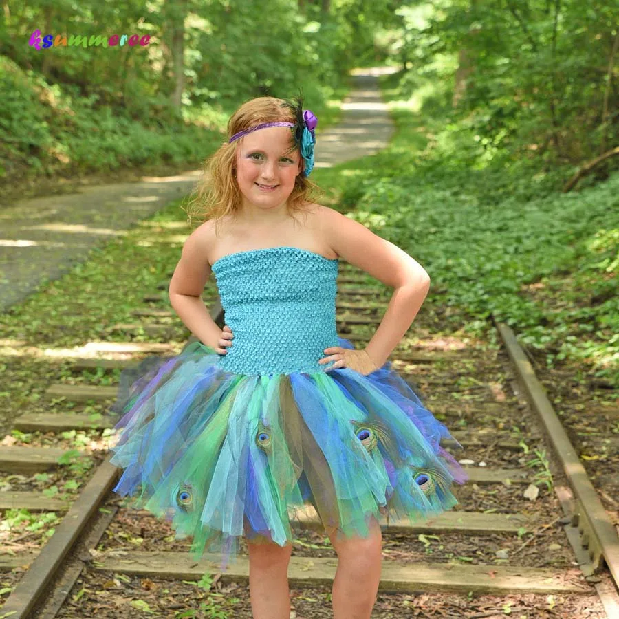 Ksummeree Turquoise Peacock Feather Girls Tutu Dress Halloween Purim Birthday Party Dress Children Pageant Ball Gown (5)