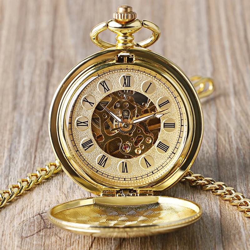 Полностью золотой цвет Скелет гладкие карманные часы ручной Ветер механические римские цифры FOB часы для мужчин двойной открытый часы для мужчин и женщин