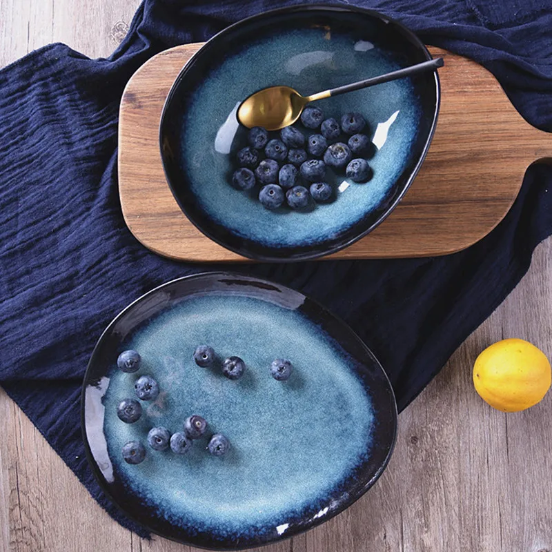 Cena Wyszukana ceramiczna ciemny niebieski stek płyty Nordic seria ocean nieregularne śniadanie przekąski potraw z owoców kuchnia dekoracja stołu