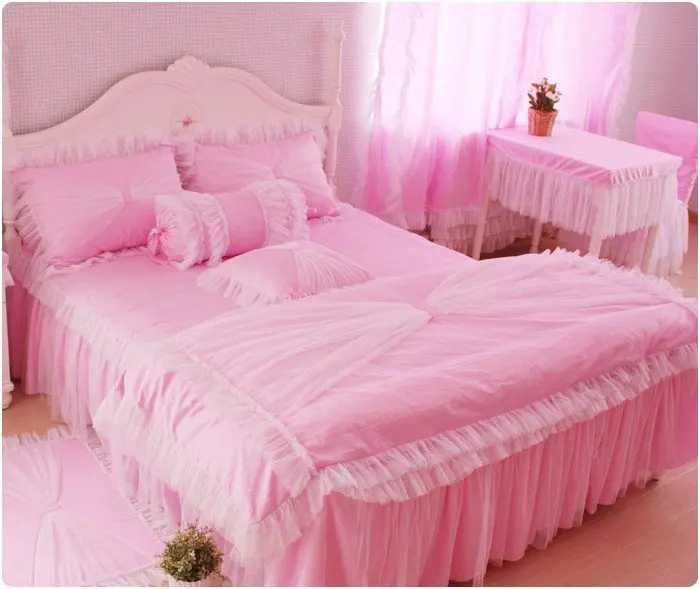 Free Shipping100cotton Luxury Princess Bed Set/bed Skirt Pink Color