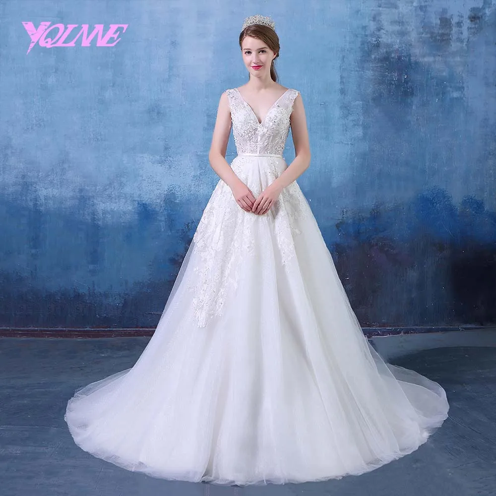 YQLNNE Deep V Neck Wedding Dress 2018 Lace Appliques Zipper Back Vestido De Noiva | Свадьбы и торжества