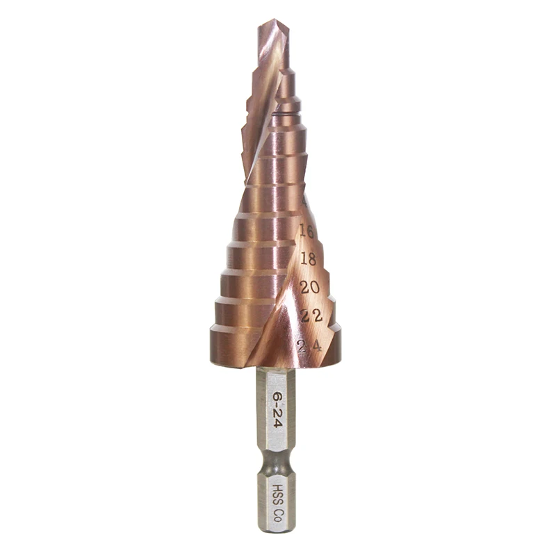 6 24mm Hex Shank 11 Sizes M35 Cobalt Coated Spiral Grooved Step Cone