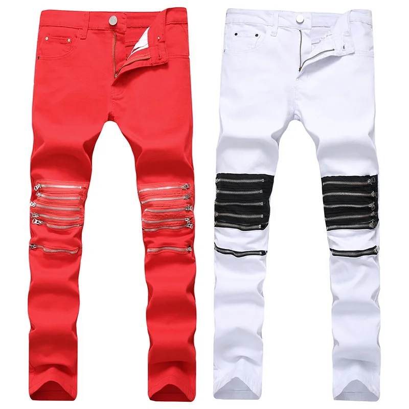 QMGOOD New Plus Size 42 Red White Mens Jeans High Street Male Hip Hop ...