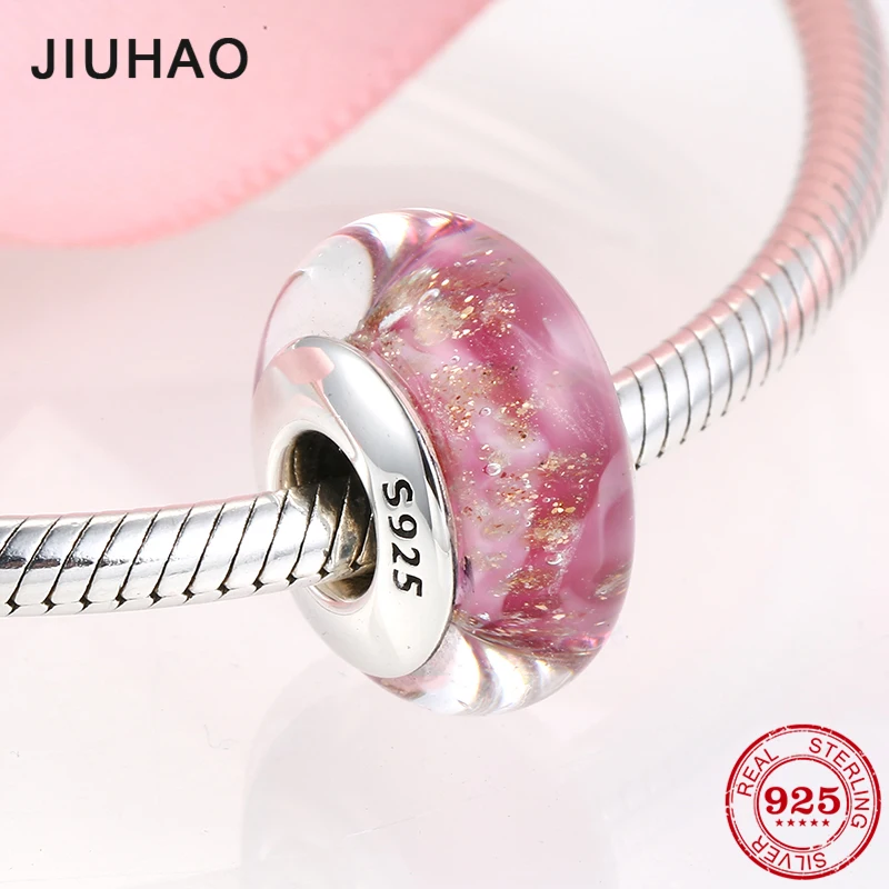 Подлинные 925 пробы серебряные сверкающие розовые бусины из муранского стекла подходят к оригинальному браслету Pandora
