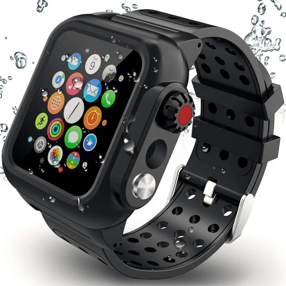 Для Apple Watch Series 4 3 2 1 водонепроницаемый чехол с силиконовым ремешком для iWatch 44/40/42/38 мм браслет ремешок противоударный чехол - Цвет ремешка: Black