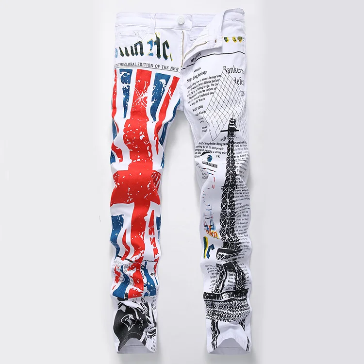 Aolamegs Men Jeans Pants Print British Flag Paris Eel Tower White Motor Full Length Trousers Summer Splice Light Denim Fashion   (27)