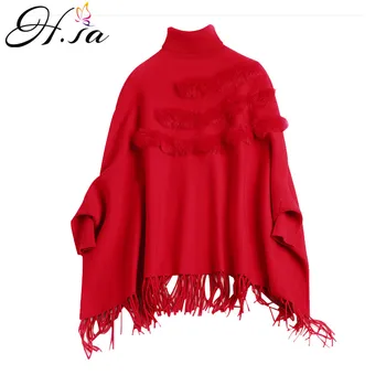 

H.SA Women Winter Thick Batwing Pull Sweaters Turtleneck Ponchoes Real Rabbit Fur christmas sweater Tassel Poncho Knit Coat 2019