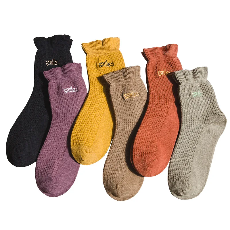 

Sweet Socks Women Cotton Letter Embroidery Grid Solid Socks Breathable Flounced Mid Socks Women Lovely