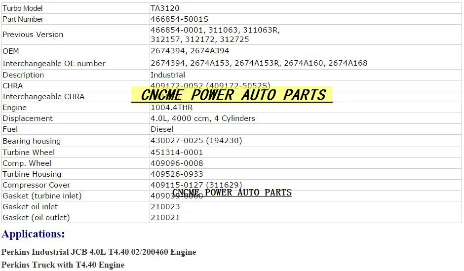 TA3120 466854-5001S 466854-0001 466854 2674A153 2674A160 2674A394 Turbo For Perkins Industrial for JCB T4.40 4.0L (6)