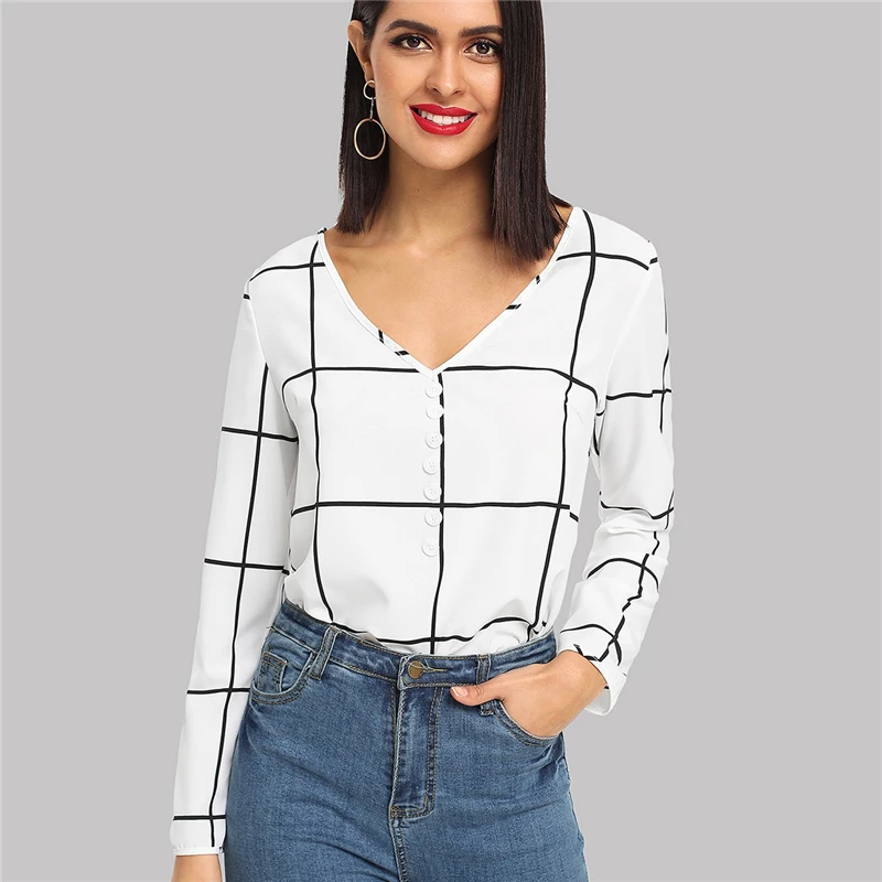 SHEIN Black And White Office Lady Elegant Button Front V-Neck Long Sleeve Plaid Blouse Autumn Workwear Women Tops And Blouses