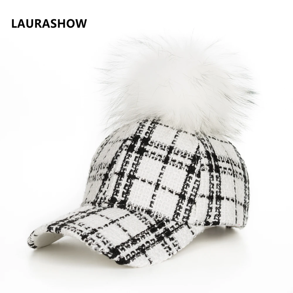 

LAURASHOW 16cm Real Raccoon Fur Ball Pompoms Warm Cap Winter Baseball Cap Women Knit Wool Hat