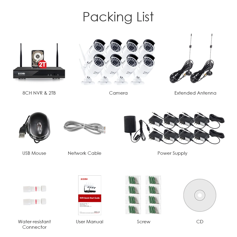  ZOSI 1080 SISTEMA DE CCTV inalámbrico HDD de 2TB 2MP 8CH poderoso NVR IP IR-CUT bala CCTV cámara IP
