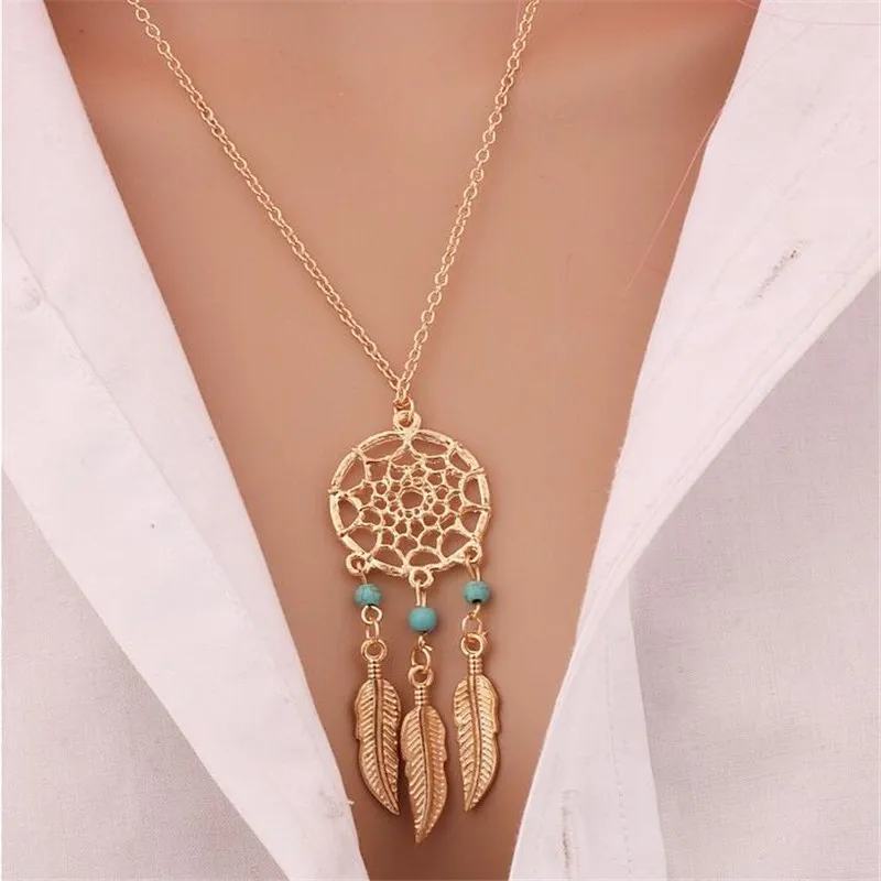 

Trendy Dreamcatcher Pendant Mandala Lotus Necklaces ffor Women Vintage Gold Feather Dream Catcher Jewelry Party Accessories