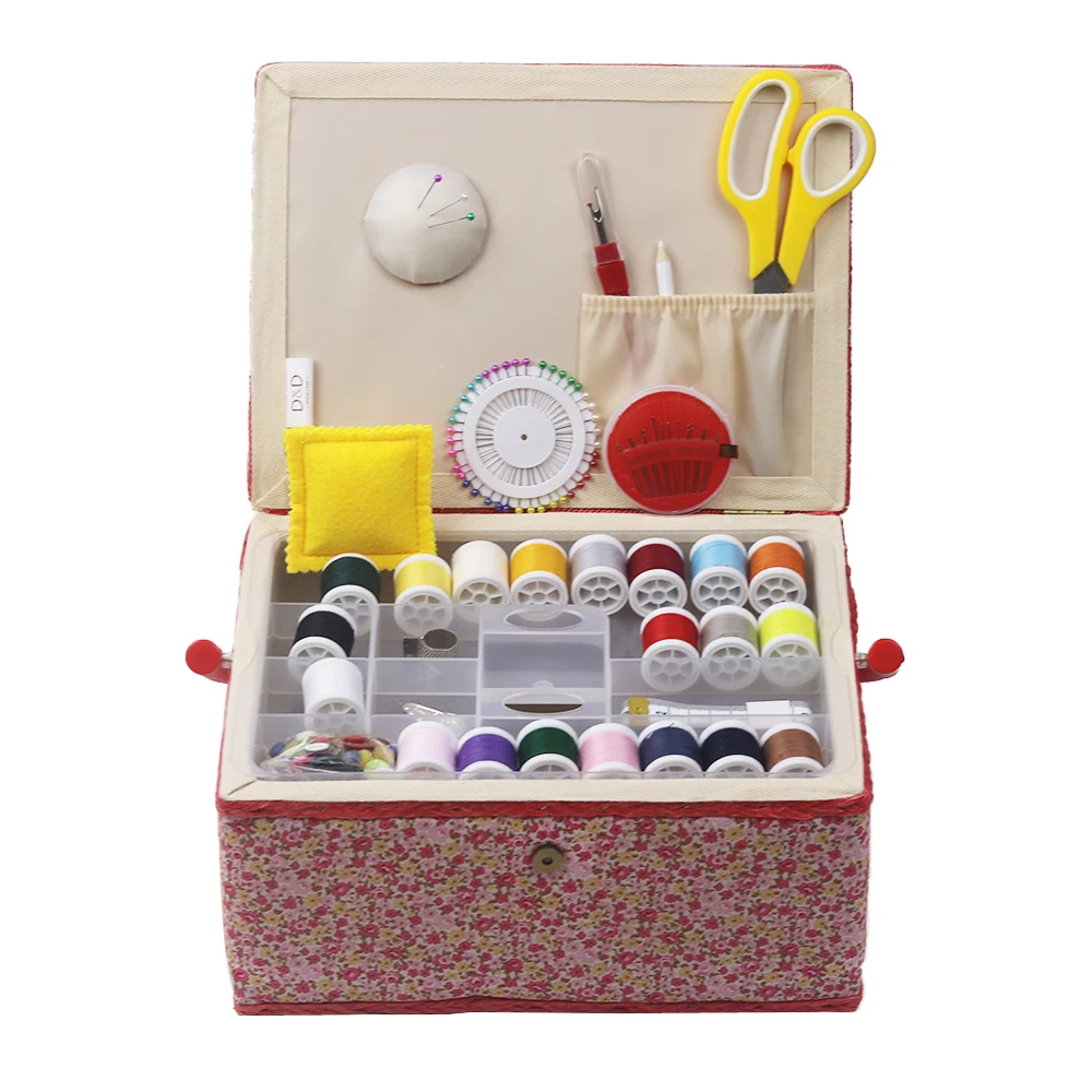

DIY Wooden&Fabric Covered Crafts Sewing Basket with Sewing Kit Accessories Home Multi-function Storage Box 30.5*23*15.5cm