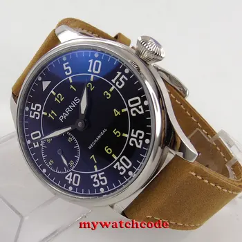 

44mm parnis black dial cow leather hand winding 6497 mechanical mens watch P647B