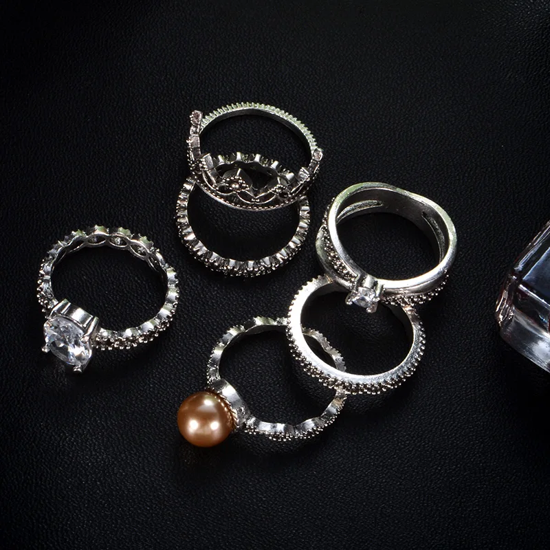 

6Pcs/Set Simulated Pearl Fashion Bohemian Crown Pattern Vintage Crystal Lotus Flower Hand Ring For Women Wedding Gifts