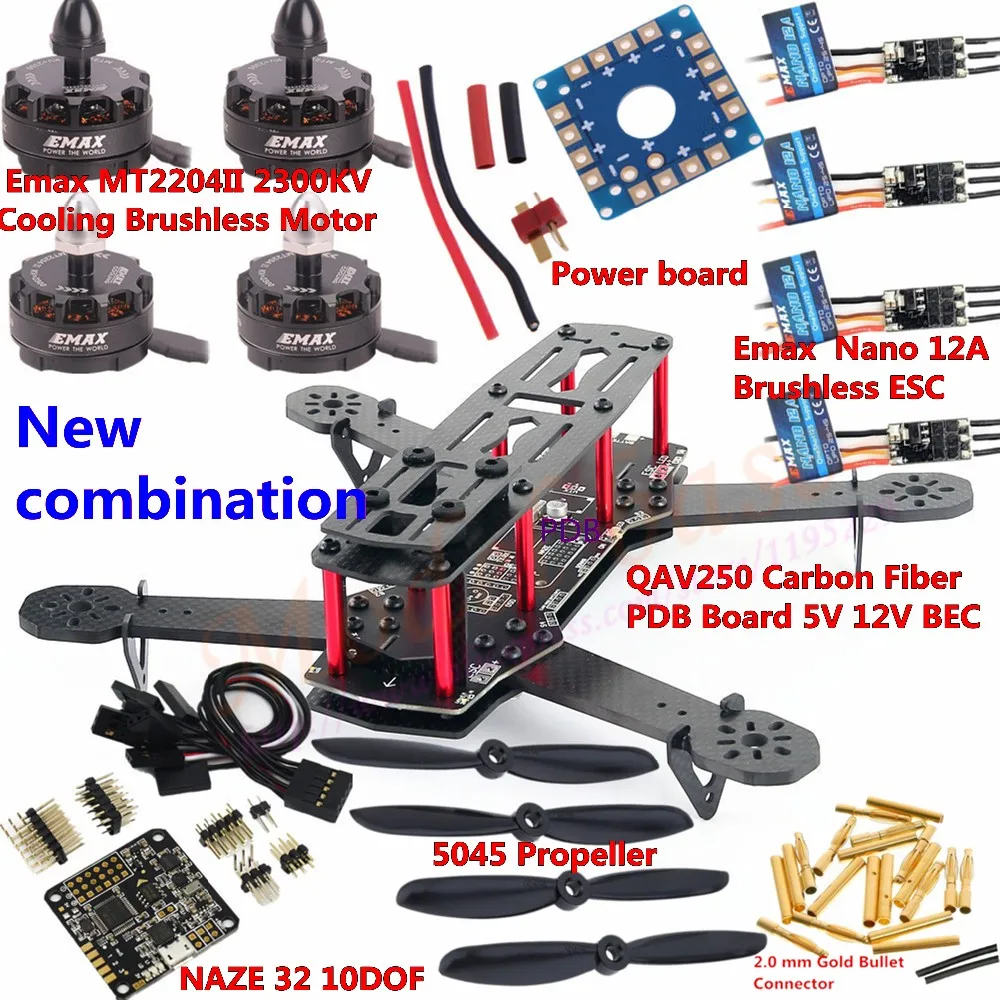 NEW!! QAV250 Carbon Fiber FPV Mini Quadcopter Frame Kit PDB Board&Emax MT 2204 II Motor&NANO 12A ESC&Naze 32 10DOF &Propeller