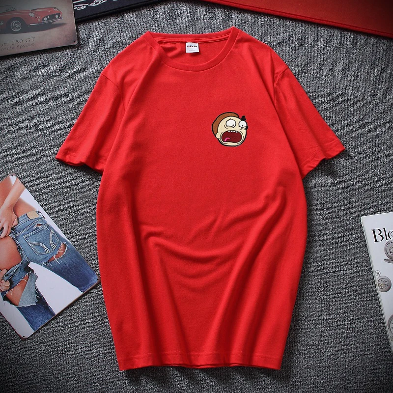 Новинка, футболка с короткими рукавами и вышивкой Рика и Морти, хлопковая футболка с короткими рукавами в стиле хип-хоп, футболка хараку для мужчин и женщин - Цвет: red 2