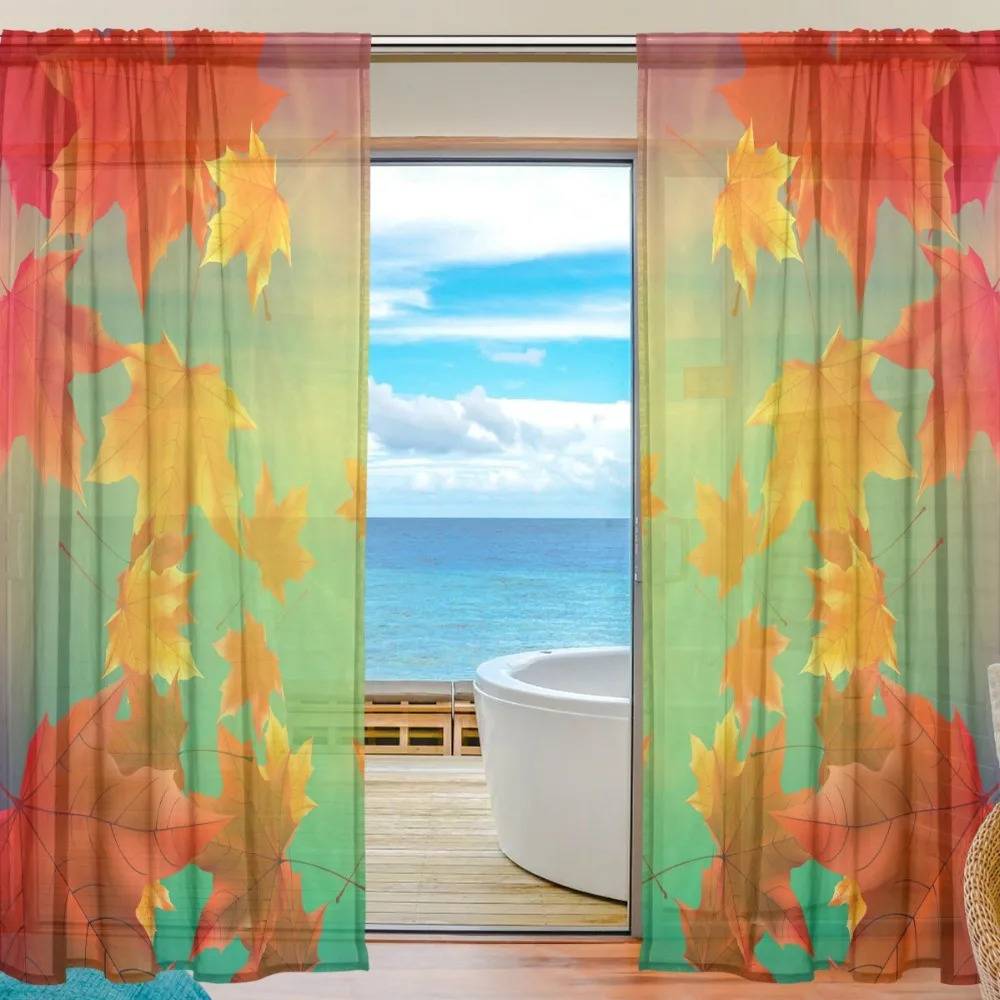 2Pcs Autumn Falling Maple Sheer Curtain Beautiful Home Decor Transparent Voile Tulle Curtains for Living Room Bedroom | Дом и сад