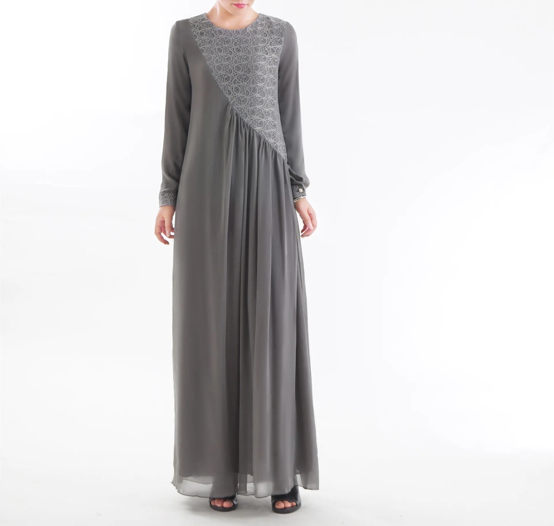 Женское мусульманское длинное платье для девочки кружево abaya Дубай Турецкая индейка Bangladesh Синий Черный Серый халат кимоно Jubah Кафтан Исламская одежда - Цвет: Gray Abaya