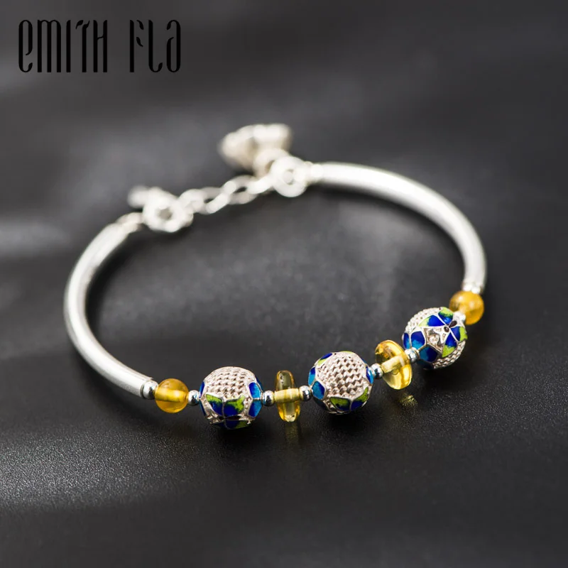 

925 Sterling Silver Chinese Style Original Bangle Cloisonne Enamal Bracelet Fashion Ethnic Jewelry for Women Bracelets with Bead