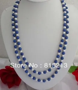 

FREE SHIPPING>>>@@ > N22 8mm Lazuli Lapis & white pearl Necklace 48