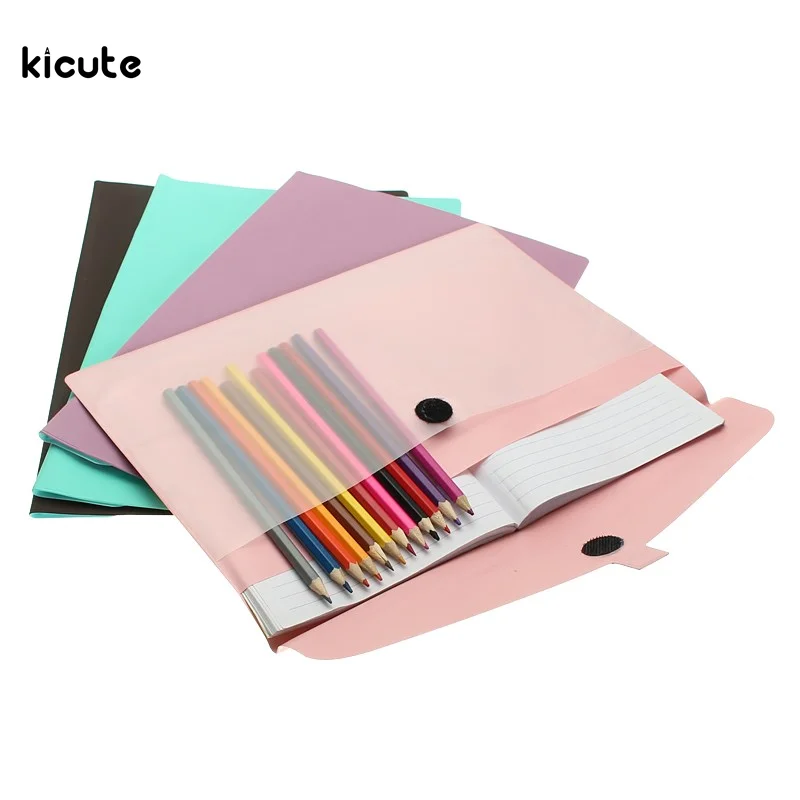 Image A4 Documents Buckle File Bag Solid Color File Box PVC Double Layer File Folder Filing Stationery Storage Bag for School Office