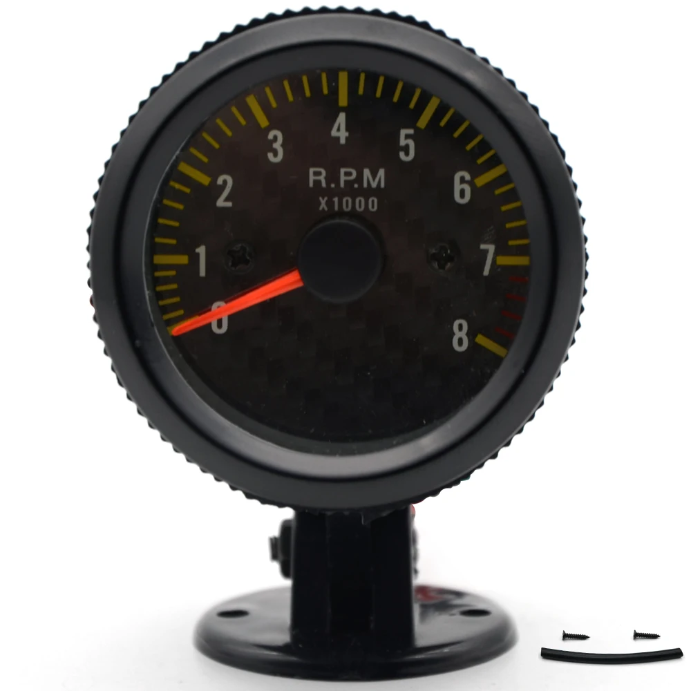 

2" 52mm Auto Car Tachometer gauge analog Carbon Fibre Face 0-8000 RPM White Background Light Black Bezel