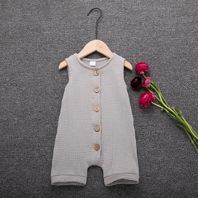 Летняя одежда для малышей хлопковый льняной комбинезон для новорожденных мальчиков и девочек, однобортный комбинезон унисекс без рукавов для детей 0-24 месяцев
