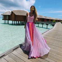 Весенне-летняя плиссированная юбка, Женская винтажная богемная юбка с высокой талией, однотонные макси юбки, Новая модная женская юбка