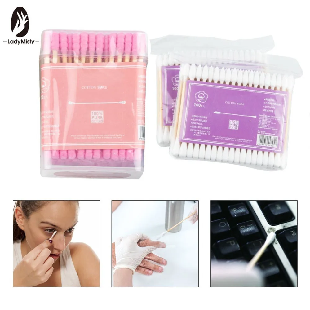 100pcs/pack Double Head Cotton Swab Ear Cleaning Soft Disposable Medical Wood Sticks Health Care Beauty Makeup Tools Nail Brush