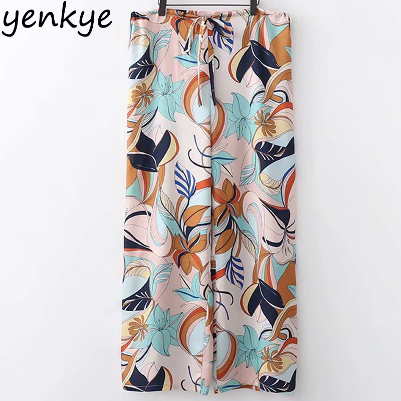 European Style Women Floral Printed Wide Leg Pants Female