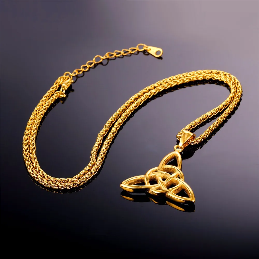 U7 Viking Jewelry Celtic Knots Necklaces & Pendants Triquetra Gold Color Stainless Steel Men Chain Gift Irish Knot Charm P722