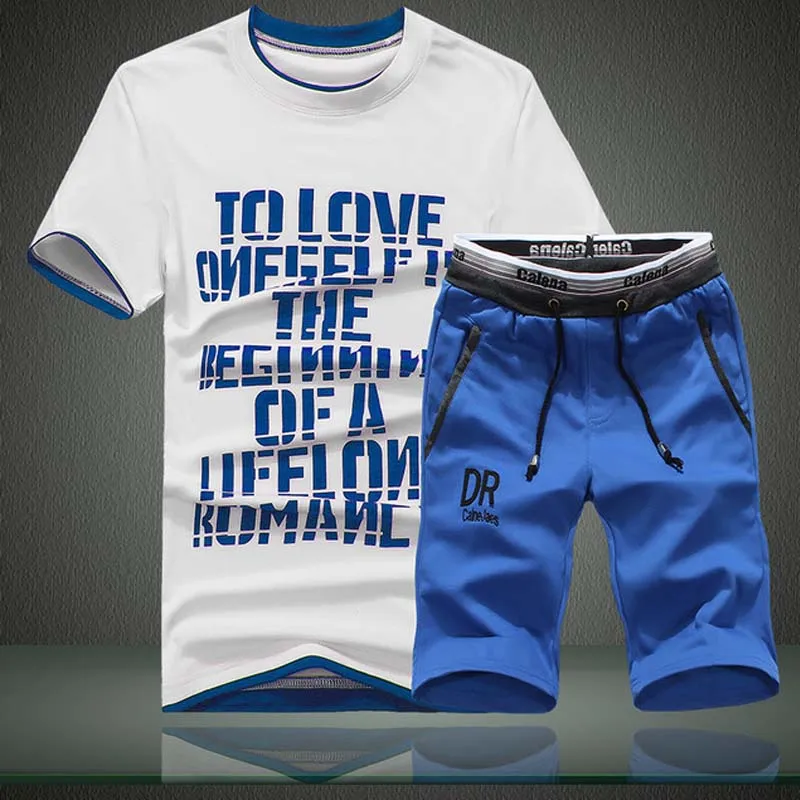 OLOEY 2019 summer mens sport suits shirt & shorts two piece men set slim fit jogging male set casual korean print sporting suit