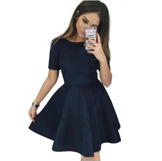 

2018 New Top Quality Fashion High Waist Suede Short Dress Pleated Dresses Short Sleeve O-Neck dress